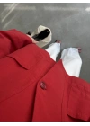 V Yaka Tek Düğme Keten Kırmızı Kimono Ceket