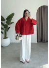 V Yaka Tek Düğme Keten Kırmızı Kimono Ceket