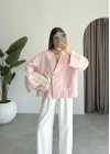 V Yaka Tek Düğme Keten Pembe Kimono Ceket