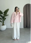 V Yaka Tek Düğme Keten Pembe Kimono Ceket