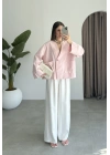 V Yaka Tek Düğme Keten Pembe Kimono Ceket