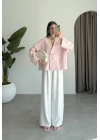 V Yaka Tek Düğme Keten Pembe Kimono Ceket
