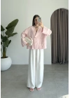 V Yaka Tek Düğme Keten Pembe Kimono Ceket