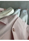 V Yaka Tek Düğme Keten Pembe Kimono Ceket