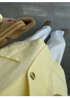 V Yaka Tek Düğme Keten Sarı Kimono Ceket
