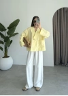 V Yaka Tek Düğme Keten Sarı Kimono Ceket