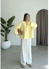 V Yaka Tek Düğme Keten Sarı Kimono Ceket