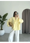 V Yaka Tek Düğme Keten Sarı Kimono Ceket