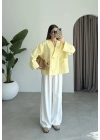 V Yaka Tek Düğme Keten Sarı Kimono Ceket