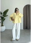 V Yaka Tek Düğme Keten Sarı Kimono Ceket