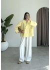 V Yaka Tek Düğme Keten Sarı Kimono Ceket