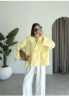 V Yaka Tek Düğme Keten Sarı Kimono Ceket