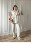 Yandan Bağlamalı Keten Yelek Kimono Takım