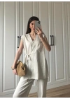 Yandan Bağlamalı Keten Yelek Kimono Takım