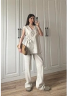 Yandan Bağlamalı Keten Yelek Kimono Takım