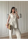 Yandan Bağlamalı Keten Yelek Kimono Takım