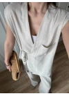 Yandan Bağlamalı Keten Yelek Kimono Takım