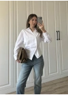 Yandan Düğmeli Çapraz Tasarım Beyaz Poplin Gömlek