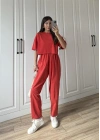 Yıkamalı Crop Kırmızı Şalvar Takım