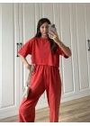 Yıkamalı Crop Kırmızı Şalvar Takım