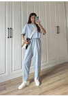 Yıkamalı Crop Mavi Şalvar Takım