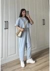 Yıkamalı Crop Mavi Şalvar Takım
