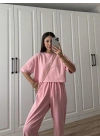 Yıkamalı Crop Şeker Pembesi Şalvar Takım