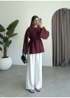 Yırtmaçlı Kuşaklı Tensel Bordo Tunik