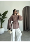 Yırtmaçlı Kuşaklı Tensel Cappuccino Tunik