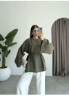 Yırtmaçlı Kuşaklı Tensel Haki Tunik