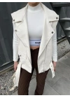 Zr Model Ekru Deri Biker Yelek