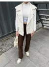 Zr Model Ekru Deri Biker Yelek