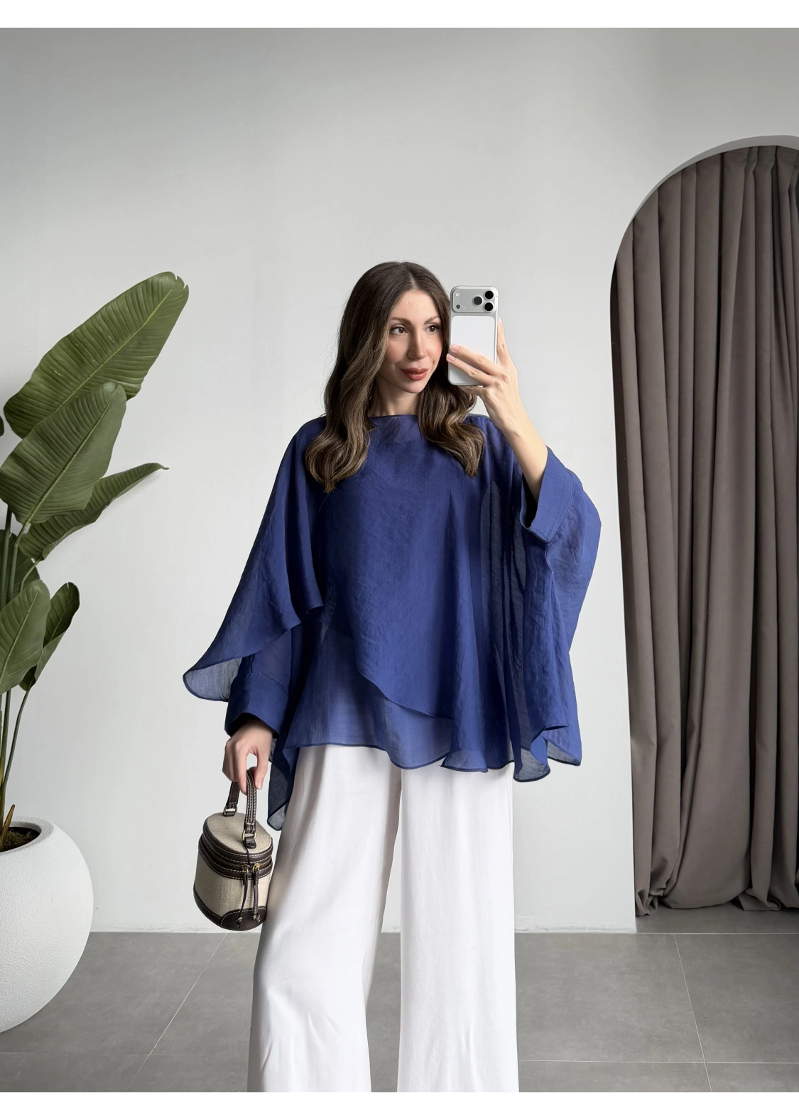 Uçuşan Pelerin Lacivert Tül Bluz