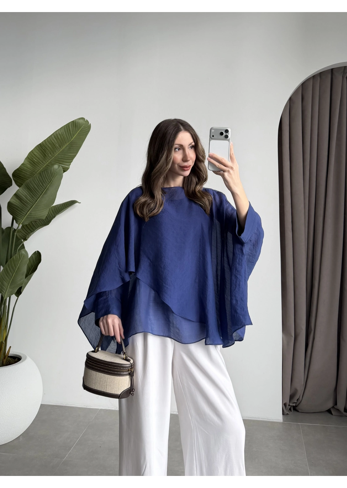 Uçuşan Pelerin Lacivert Tül Bluz