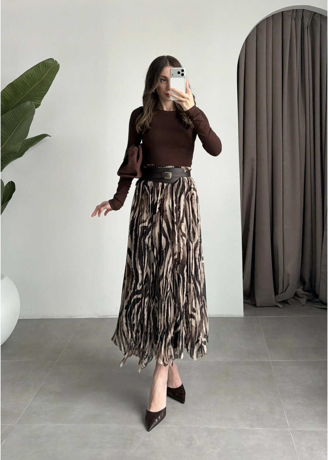 Parçalı Tasarım Astarlı Kahve Siyah Etek