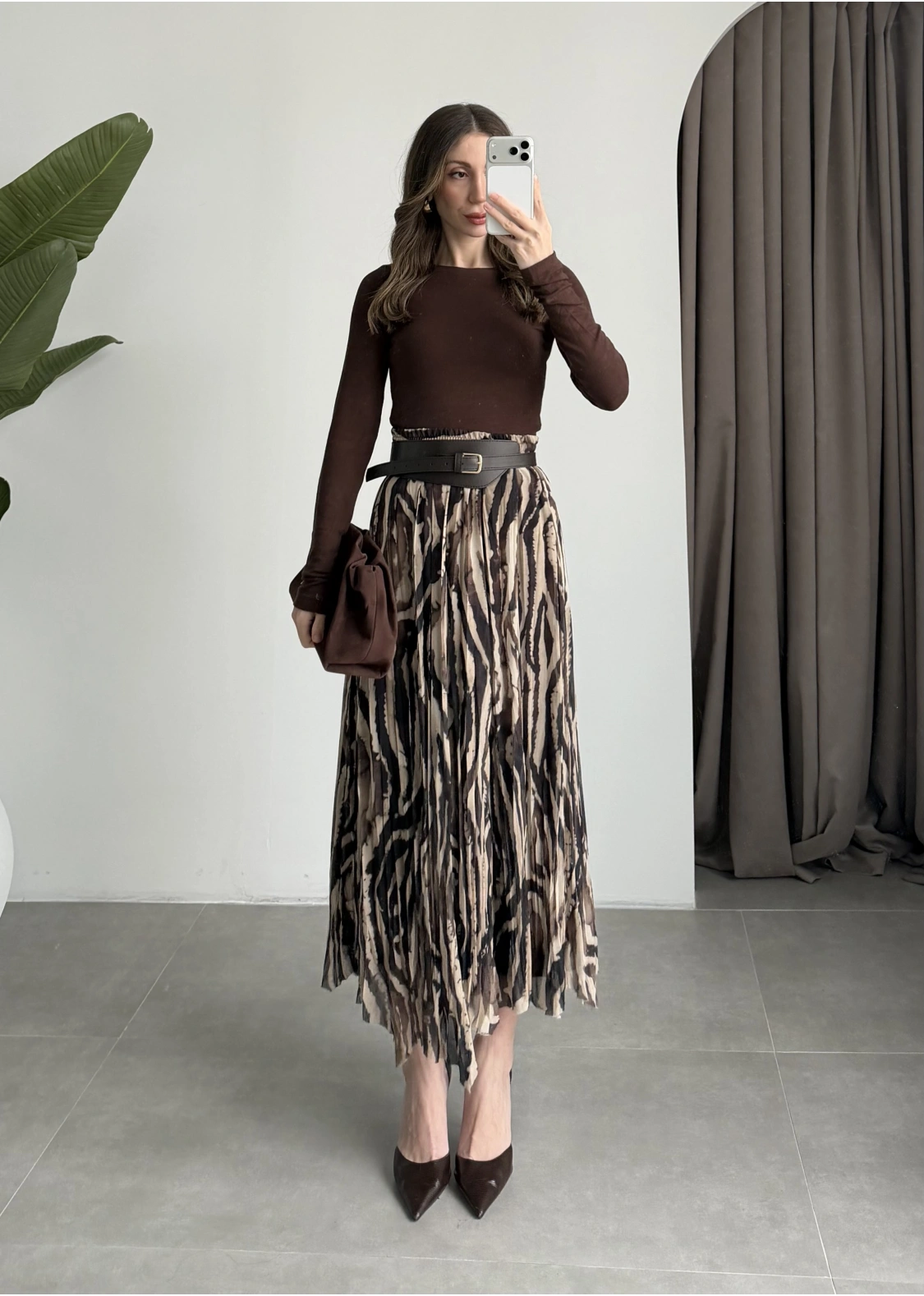 Parçalı Tasarım Astarlı Kahve Siyah Etek