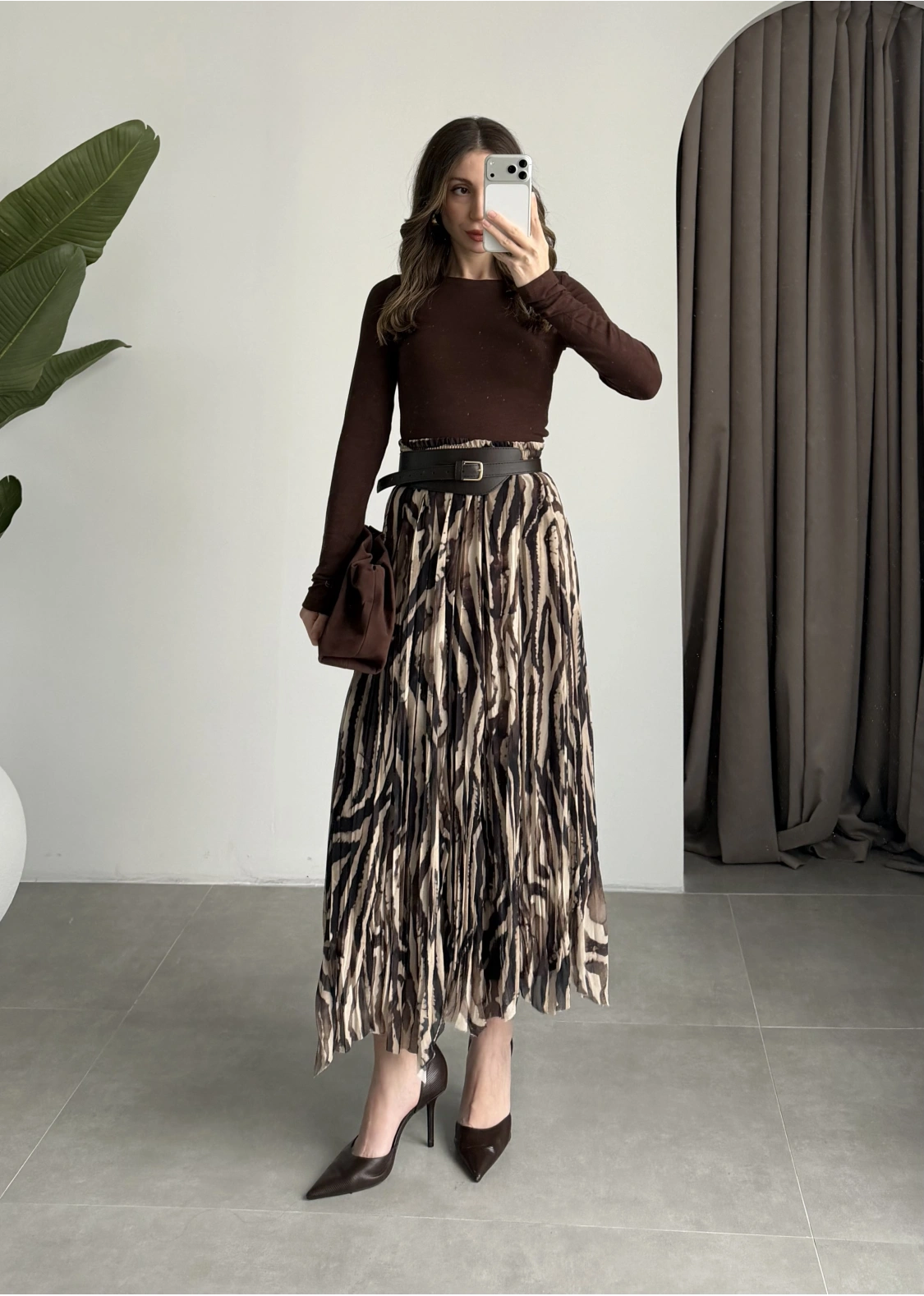 Parçalı Tasarım Astarlı Kahve Siyah Etek