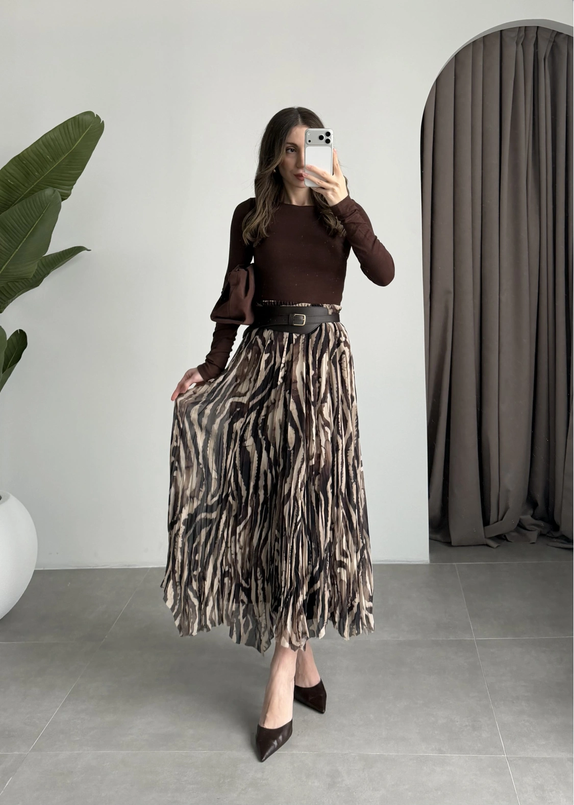 Parçalı Tasarım Astarlı Kahve Siyah Etek