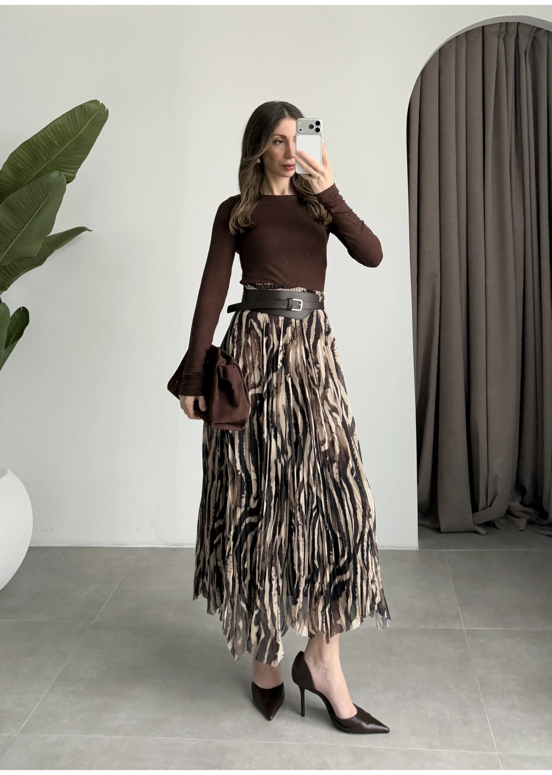 Parçalı Tasarım Astarlı Kahve Siyah Etek