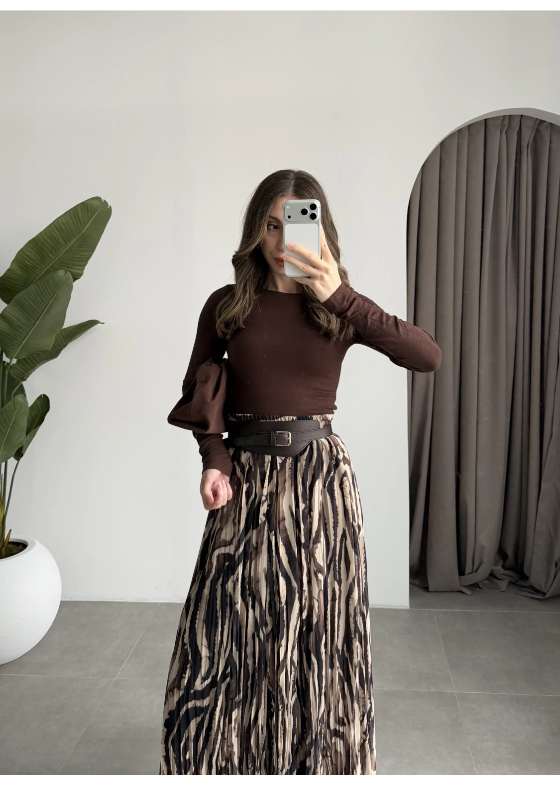 Parçalı Tasarım Astarlı Kahve Siyah Etek