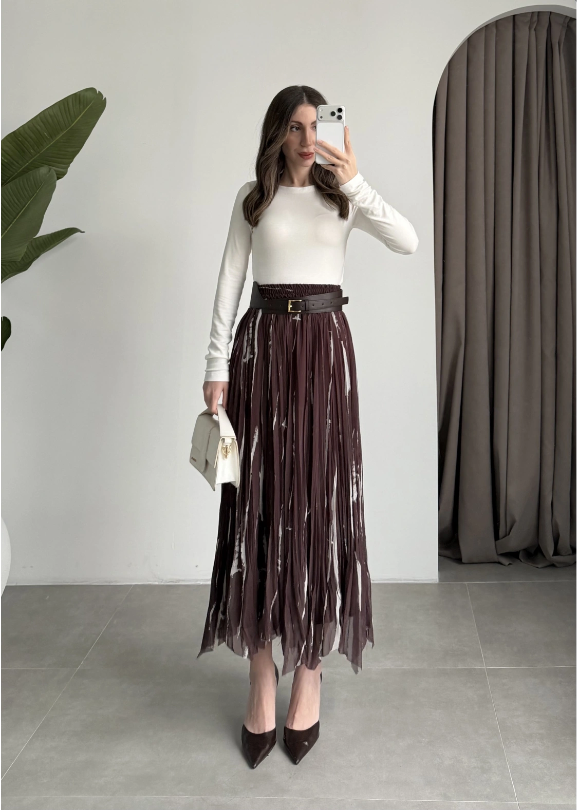 Parçalı Tasarım Astarlı Kahve Krem Etek