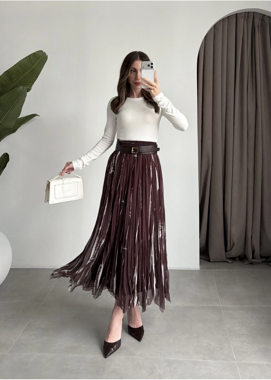 Parçalı Tasarım Astarlı Kahve Krem Etek