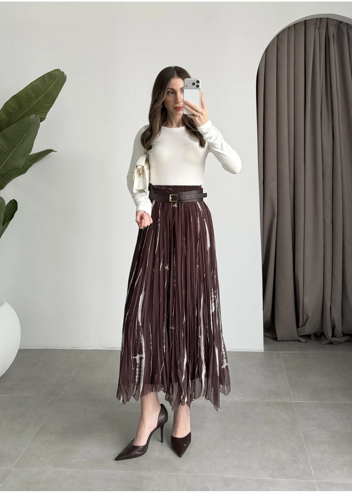 Parçalı Tasarım Astarlı Kahve Krem Etek