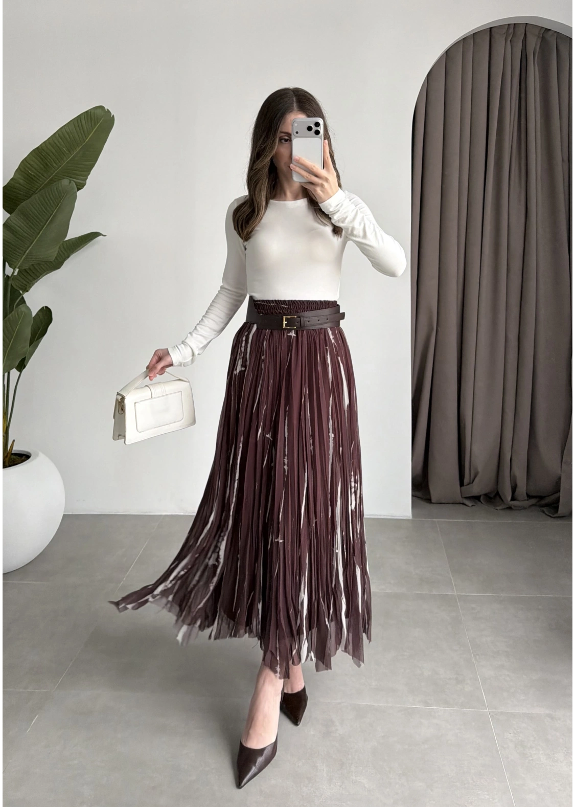 Parçalı Tasarım Astarlı Kahve Krem Etek