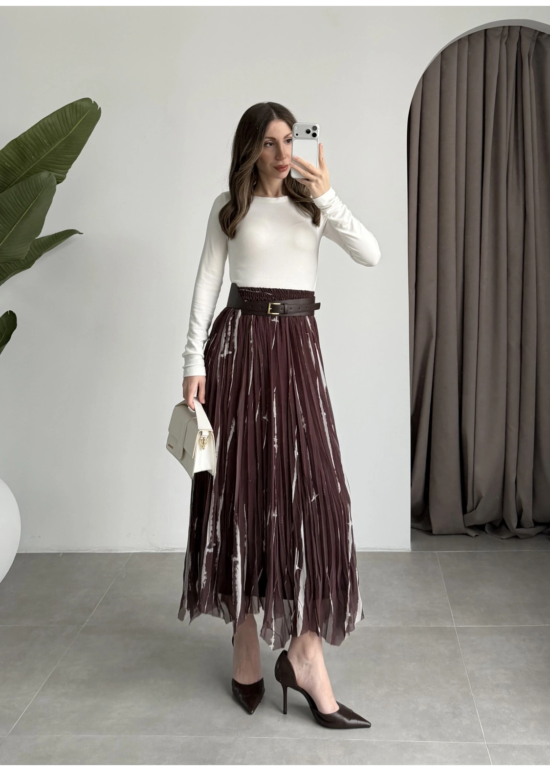 Parçalı Tasarım Astarlı Kahve Krem Etek