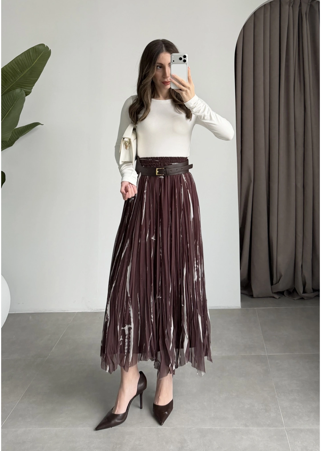 Parçalı Tasarım Astarlı Kahve Krem Etek