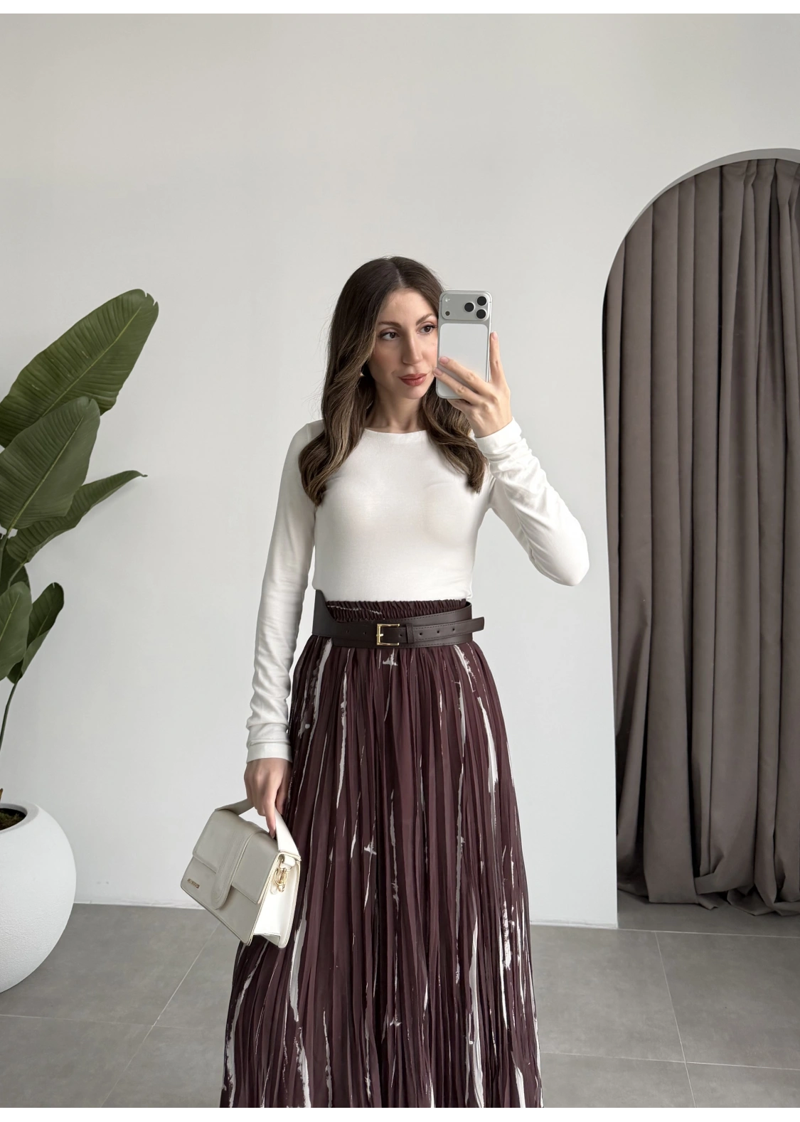 Parçalı Tasarım Astarlı Kahve Krem Etek