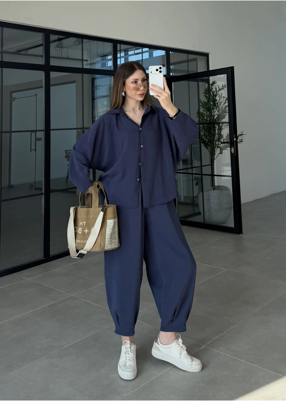 Tensel Oversize Lacivert Şalvar Takım