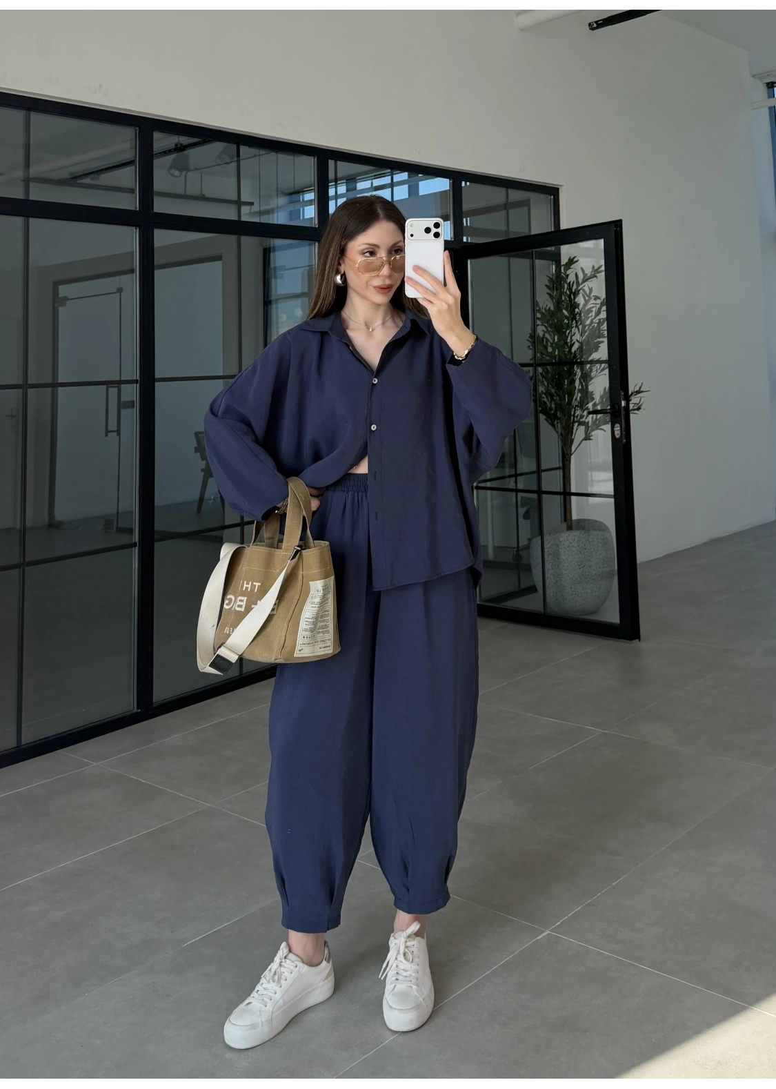 Tensel Oversize Lacivert Şalvar Takım