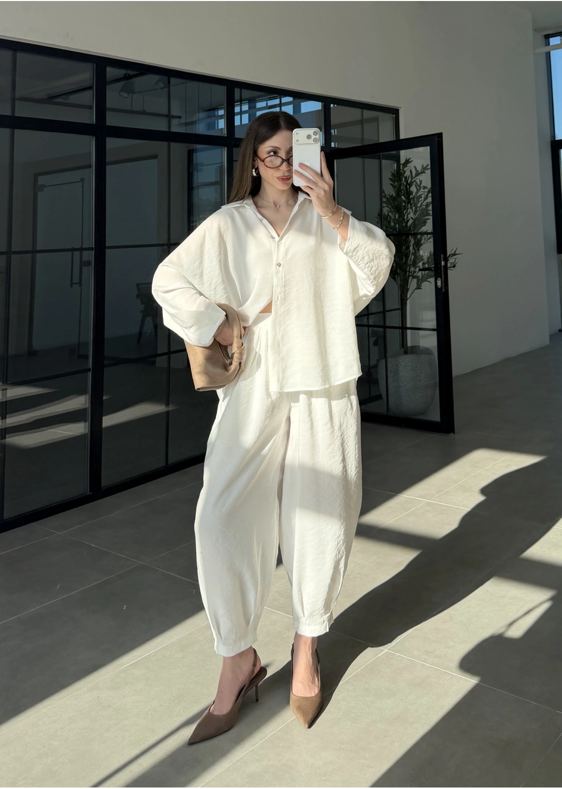 Tensel Oversize Beyaz Şalvar Takım